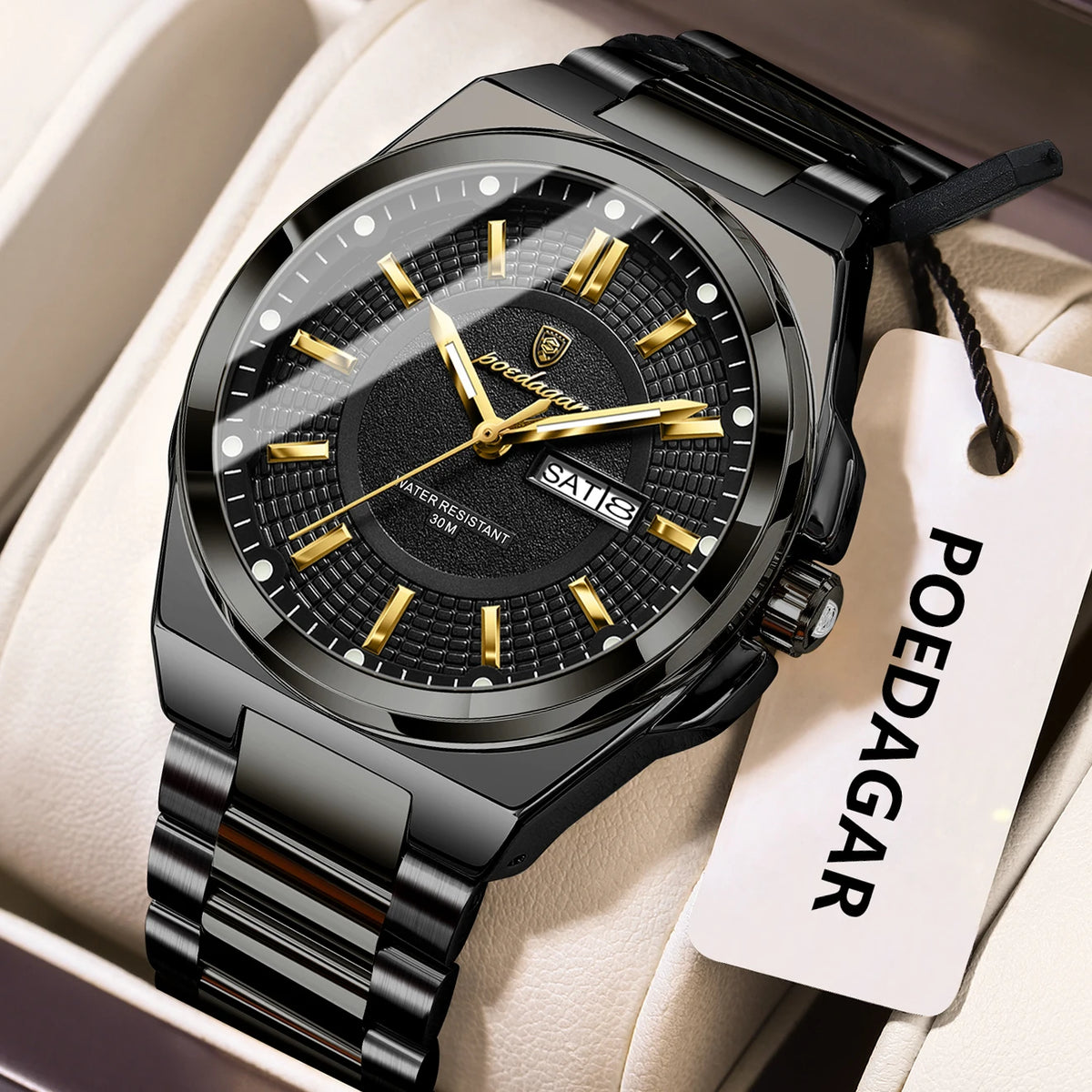 Montre-bracelet de luxe POEDAGAR Sport Original pour homme, à quartz, avec date et jour de semaine, étanche et lumineuse, en acier inoxydable.