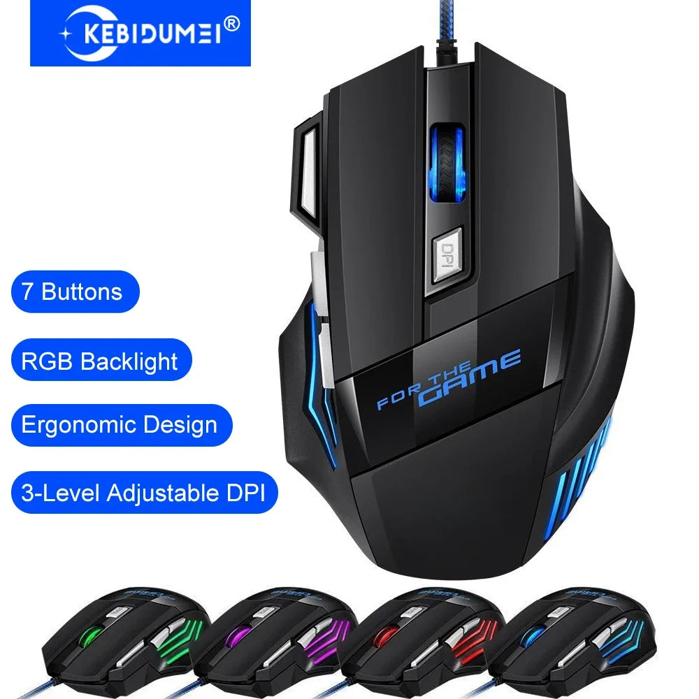 KEBIDUMEI Wired Gaming Mouse RGB Backlit 7 Button Ergonomic USB Mouse 2400 DPI Adjustable DPI Optical Mouse for PC Laptop