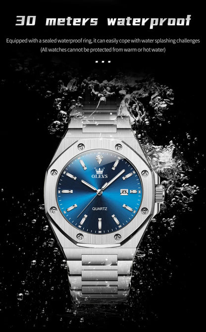 OLEVS Watches For Men Luxury Silver Blue Classic Quartz Watch for Man Waterproof Stainless Steel Luminous Reloj Hombre 2025