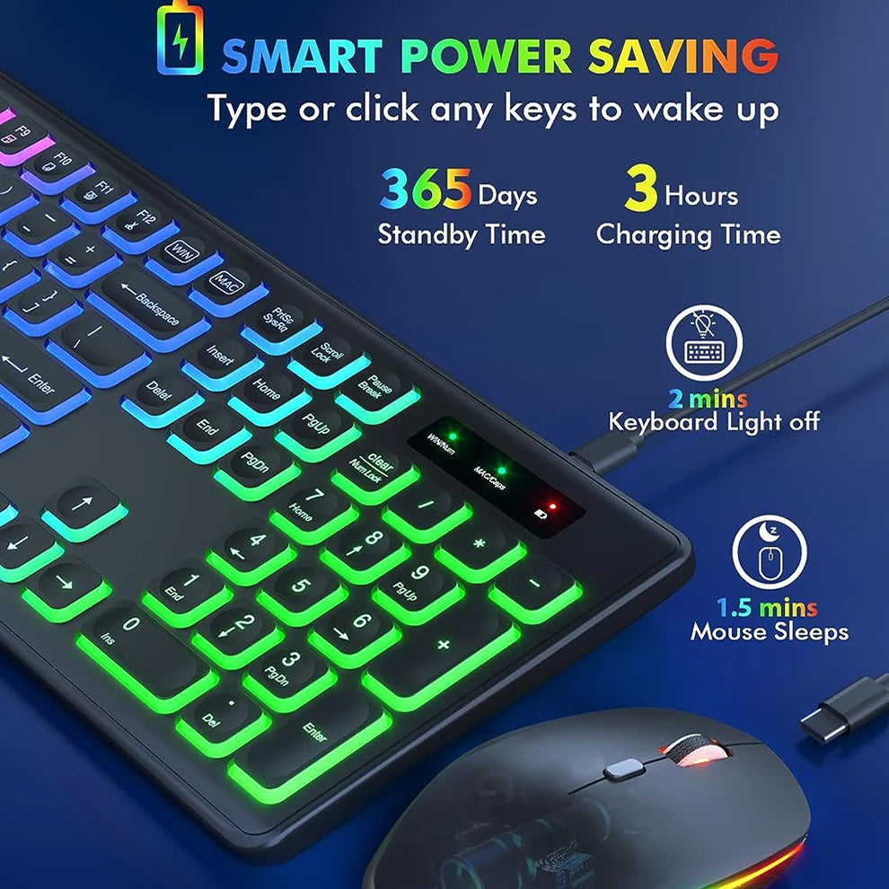 Conjunto de Teclado e Rato Sem Fios com Retroiluminação RGB, Letras Iluminadas Recarregáveis, Tamanho Completo, Ergonómico, Modo de Suspensão, 2.4GHz