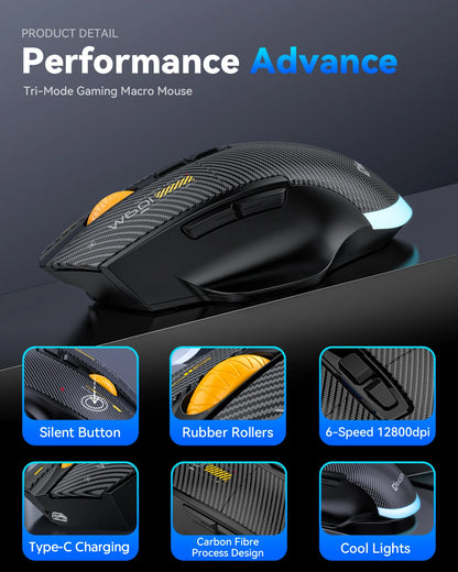 12800DPI 2.4G Wireless Bluetooth Wired Tri-mode Mouse Mute Button Macro Programming Carbon Fiber Gaming Mouse 500mAh 7 Keys