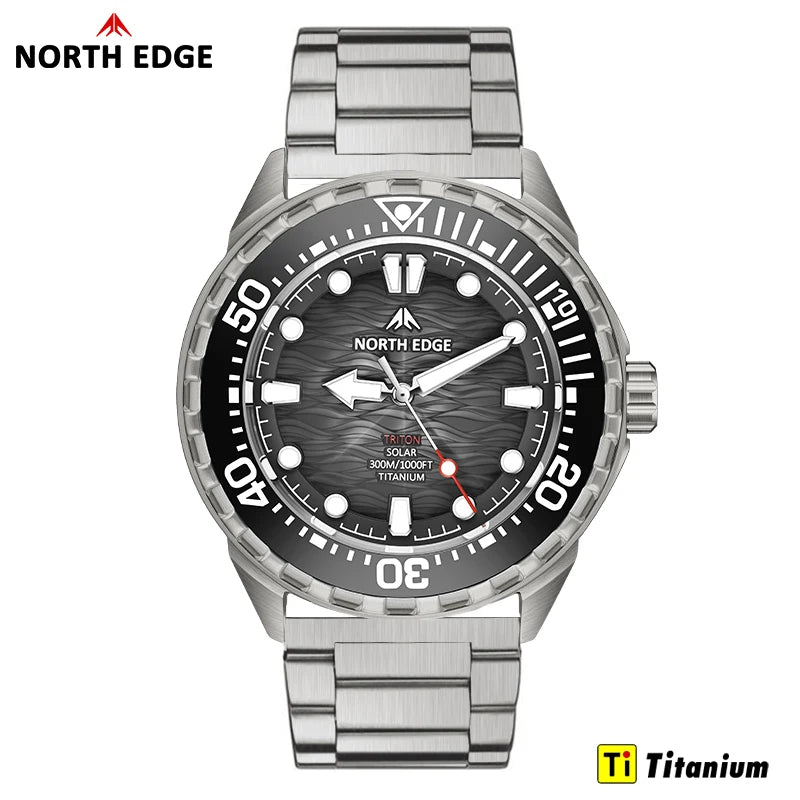 NORTH EDGE 2025 NEW+ TRITON-TI Titanium Solar-Powered Diving Watch Luxury Quartz Watches for Men 300M Waterproof 180+ Day Power