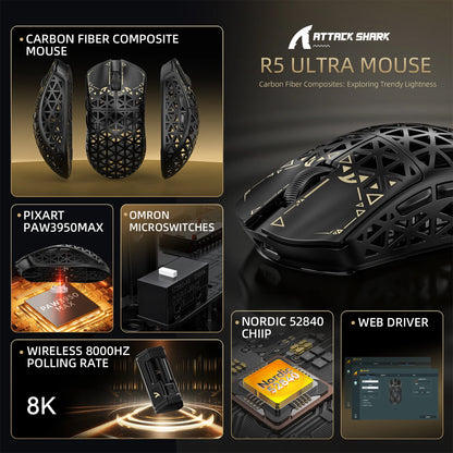 ATTACK SHARK R5 Ultra bežični gaming miš od karbonskih vlakana, gaming senzor PixArt PAW3950MAX, 42000DPI, 8000Hz, MCU Nordic 52840