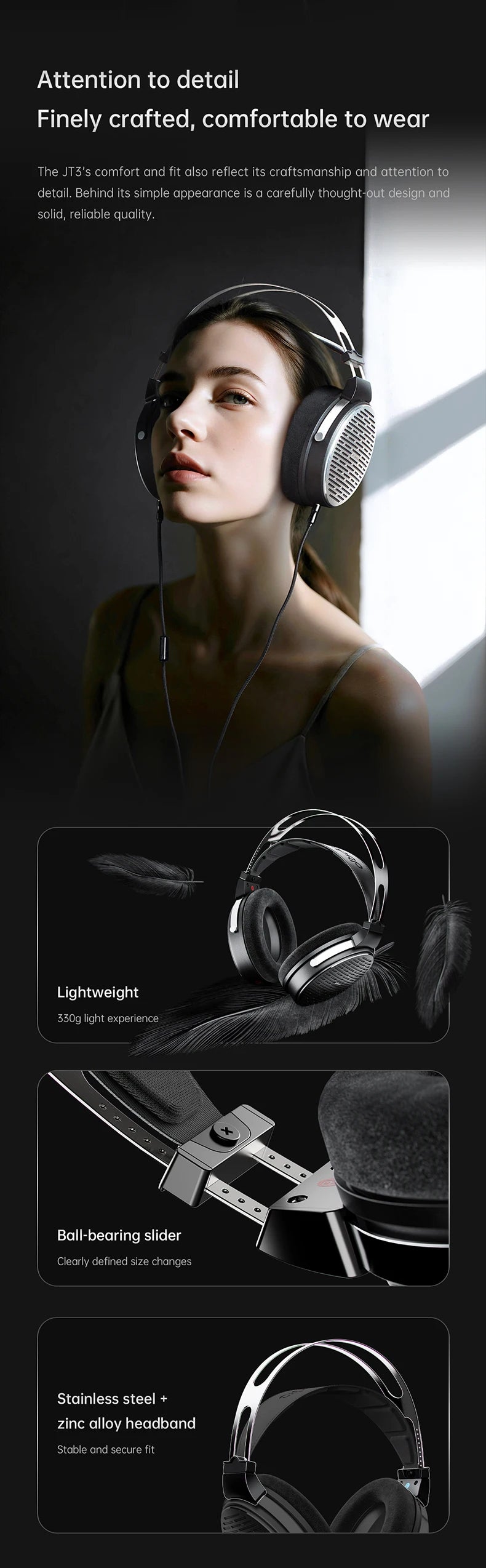 Auscultadores FiiO JT3 Over-Ear com Fio e Design Aberto, Driver Dinâmico de 50mm HiFi, Cabo Amovível