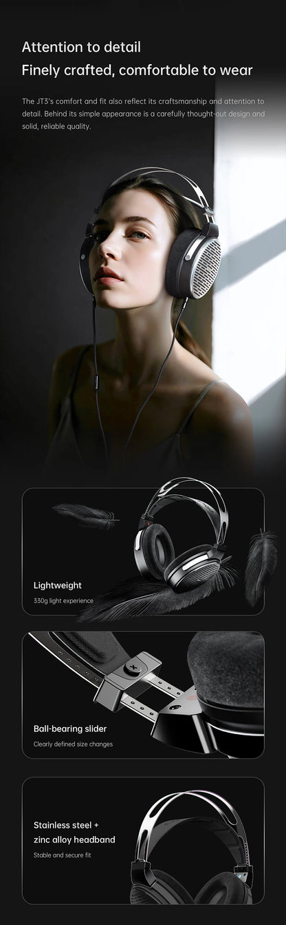 Auscultadores FiiO JT3 Over-Ear com Fio e Design Aberto, Driver Dinâmico de 50mm HiFi, Cabo Amovível