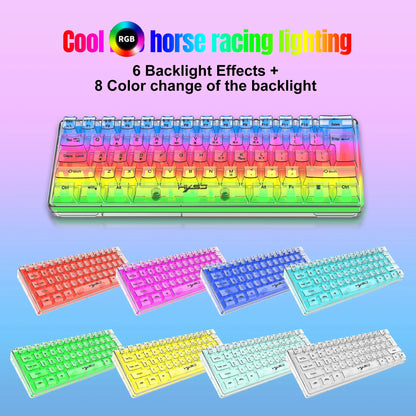 Teclado Gaming Transparente com Fio HXSJ 60%, Retroiluminação RGB, Ultra-Compacto, Impermeável, Teclado Compacto Pequeno de 61 Teclas para PC/Mac