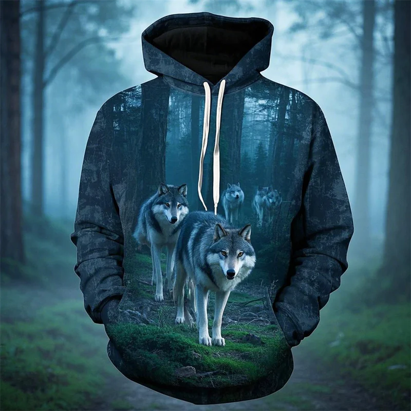 Vintage Men's Hoodie 3D Printed Wolf Tops Fashion Animal Graphics Long Sleeve Hoodie Men's 2025 Oversized Streetwear Unisex Tops