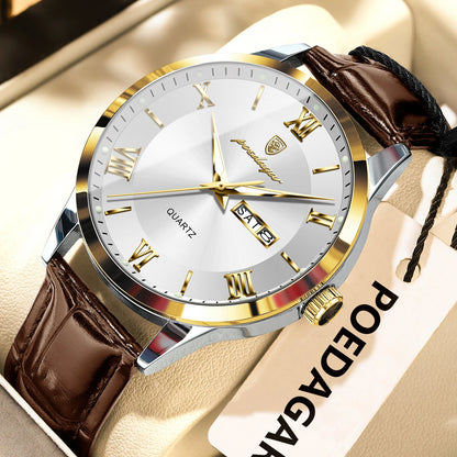 Montre homme tendance POEDAGAR, bracelet en cuir, date et semaine, montre à quartz de luxe, étanche, lumineuse, style business décontracté.