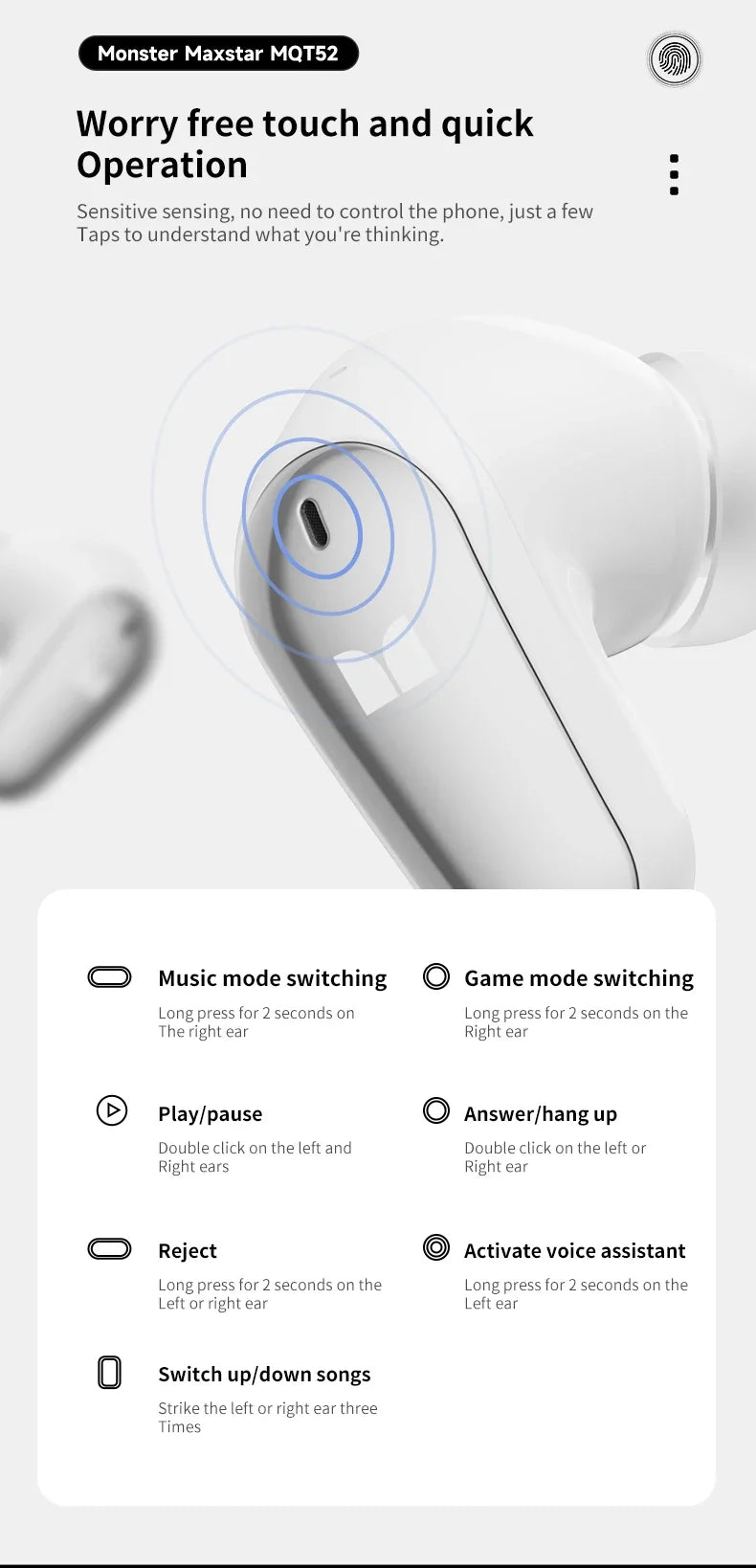 New Monster MQT52 TWS Wireless Gaming Headset Bluetooth 5.4 HIFI Stereo Music Earphones Talking Noise Canceling Earbuds