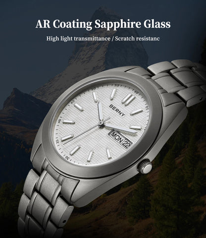 BERNY Full Titanium Men Watch Date Week Quartz Watches Calendar Sapphire Super Luminous 100M Waterproof Lightweight Wristwatch