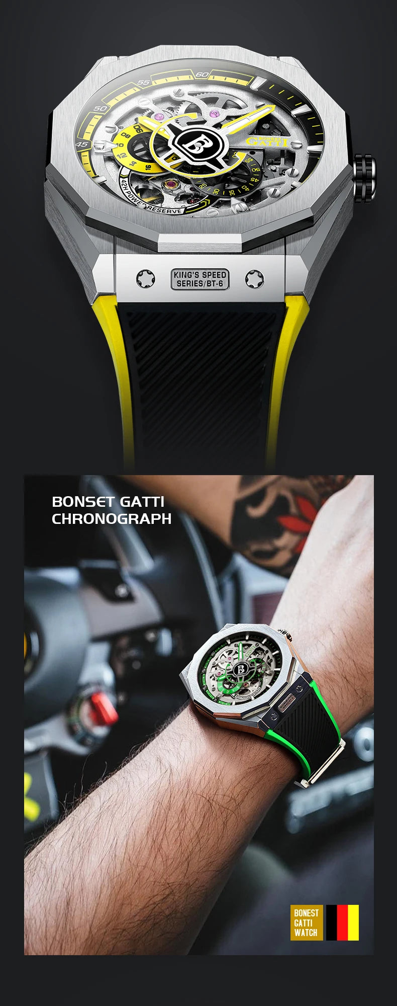 BONEST GATTI BG7601 Men's Automatic Mechanical Watch Sapphire Crystal Waterproof Luminous Rubber Strap Wristwatch