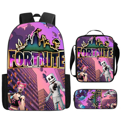 Fortnite Cartoon 3pcs Set, Large Capacity Suitable for Boys and Girls Aged 5-8, Includes Backpack, Dinner Bag, and  Pencil Case