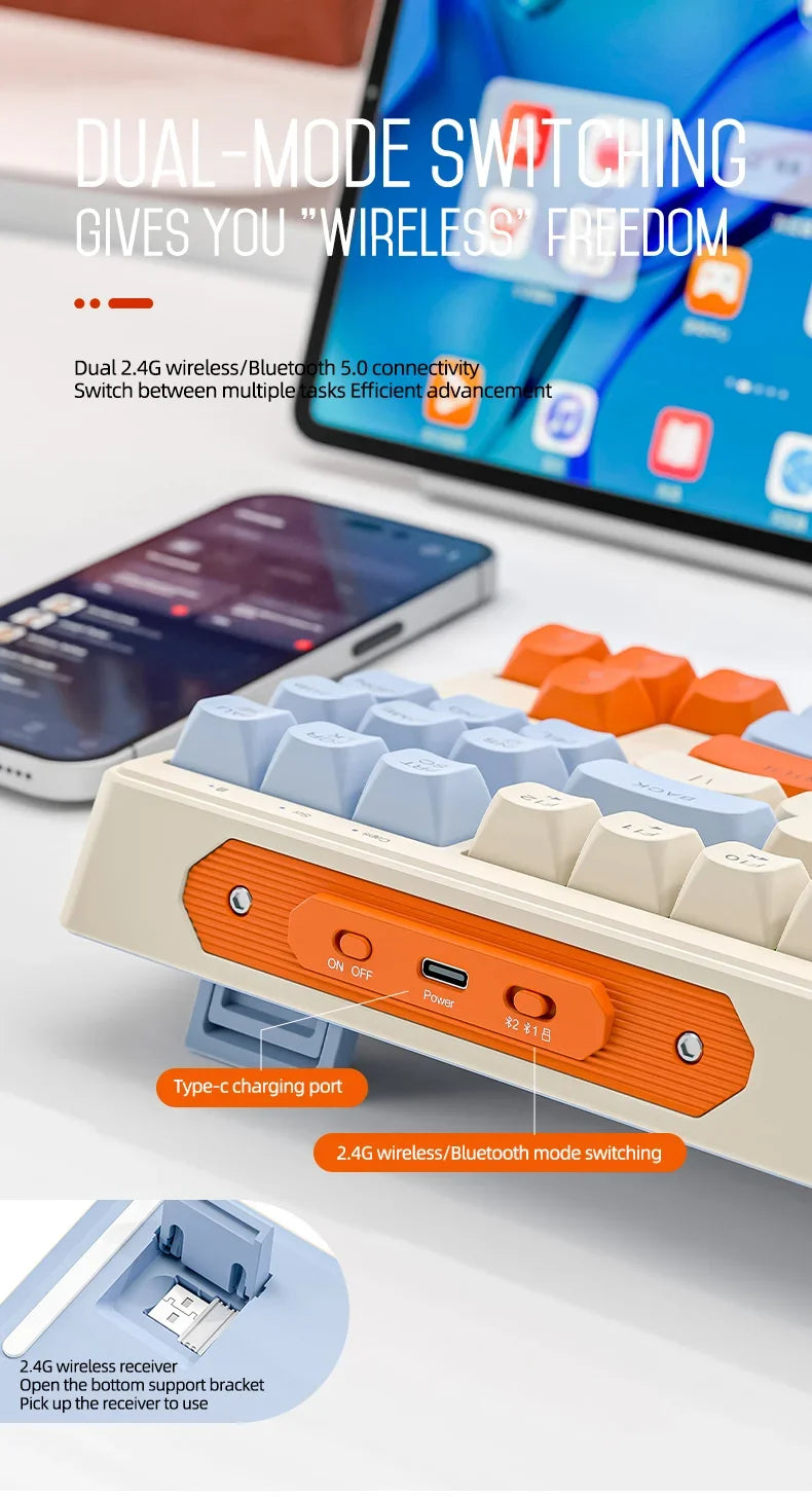 Teclado M87 Sem Fios Bluetooth de Modo Duplo, Sensação Mecânica para Gaming e Escritório, Silencioso, Teclas PBT Ball Cap, Luz Arco-Íris
