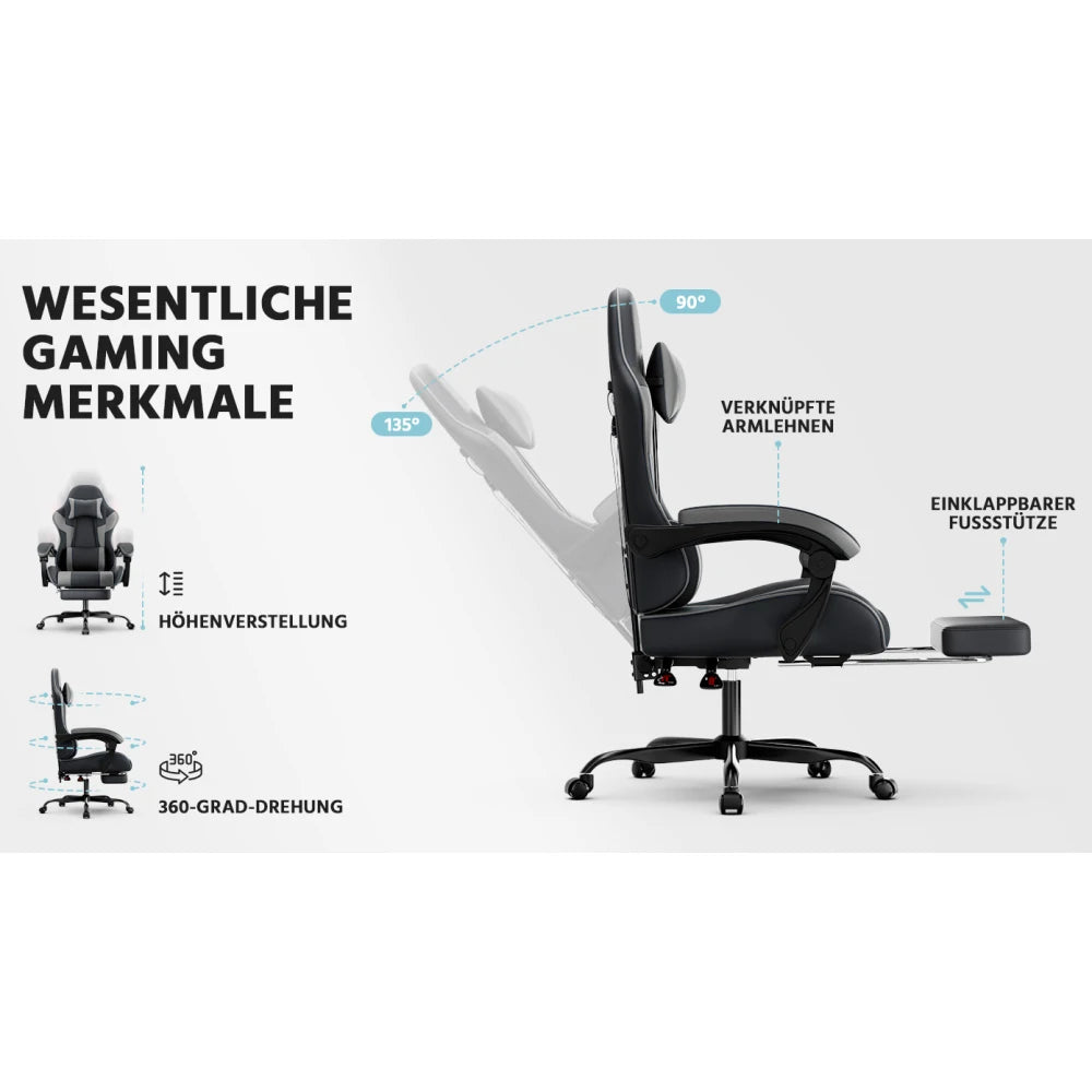 Ergonomic Gaming Chair with Lumbar Support, Adjustable Office Chair, Breathable PU Leather Computer Chair with Footrest & Reclining Backrest