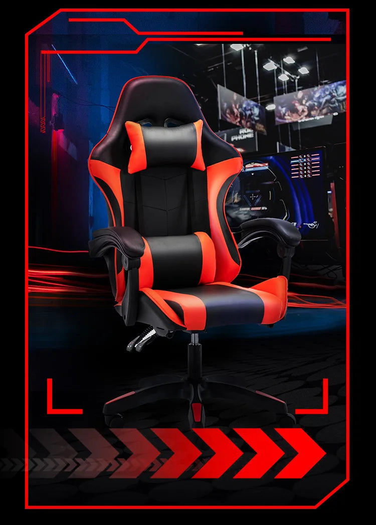 Gaming chair with lumbar soft pillow support and adjustable height footrest, an ergonomic computer gaming chair.