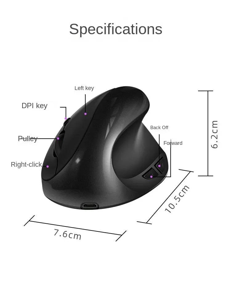 BTS-908 Ergonomic Wireless Mouse, Rechargeable Vertical Wireless Mouse with 2.4GHz USB Receiver, 1600 DPI Adjustable, 6-Button Ergonomic Mouse for Office & Laptop
