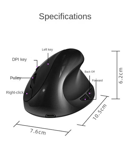 BTS-908 Ergonomic Wireless Mouse, Rechargeable Vertical Wireless Mouse with 2.4GHz USB Receiver, 1600 DPI Adjustable, 6-Button Ergonomic Mouse for Office & Laptop
