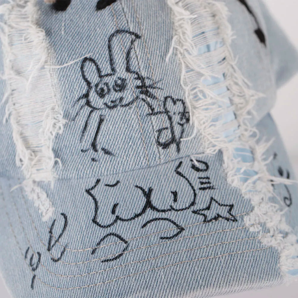 New MinJi Haerin OMG Stage Long Rabbit Ear Hat Y2K Style Denim Blue Baseball Cap Fashion Hip-Pop Cap Couple Birthday Gifts