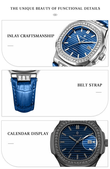 New Fashion BANGWEI Elegant Luxury Quartz Woman Watch Simple Dial Diamond Retro Leather Date Waterproof Luminous Women's Watches