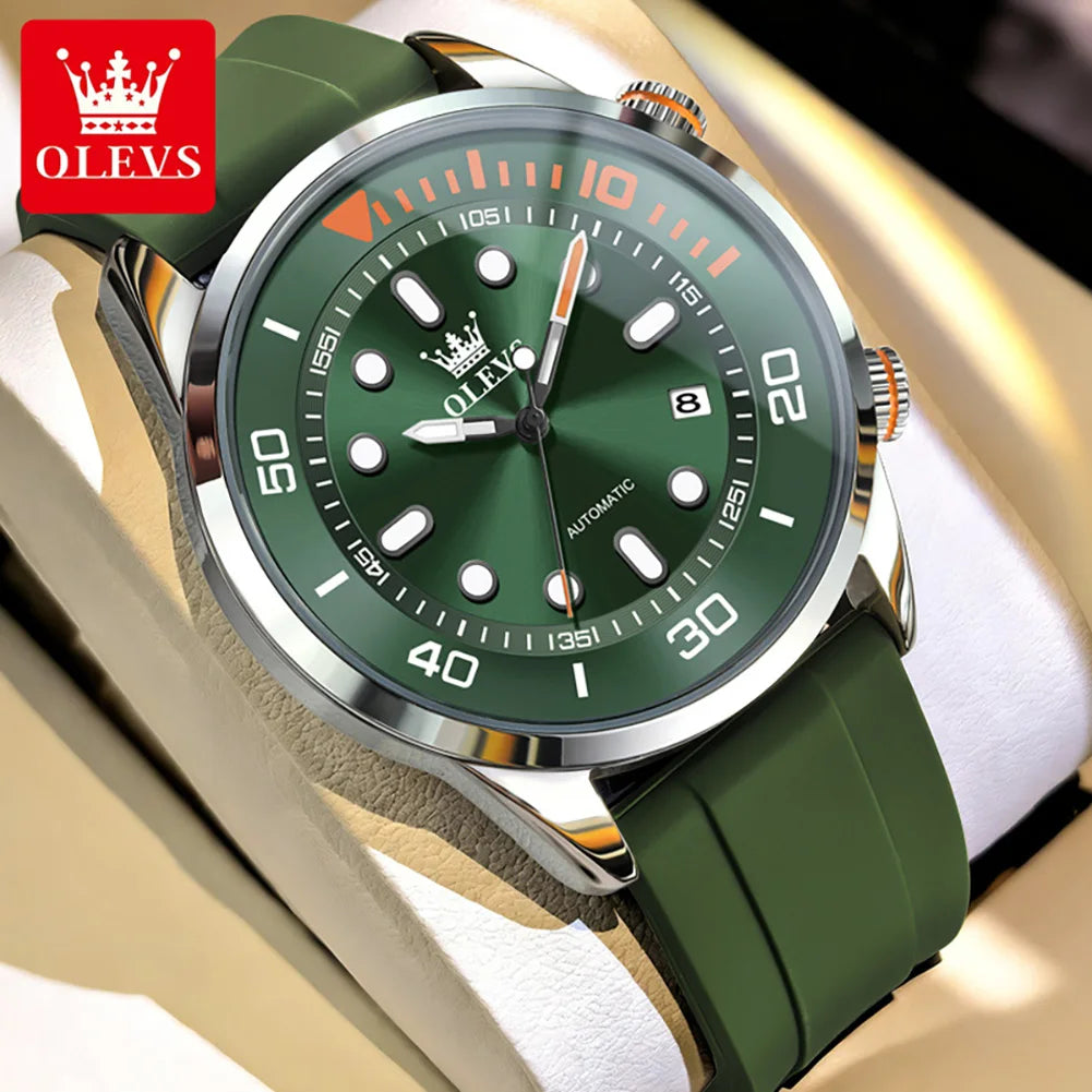 OLEVS Automatic Men's Watches Luxury Top Brand Green Water Ghost Diving Series Silicone Strap Original Mechanical Man Watch 6751