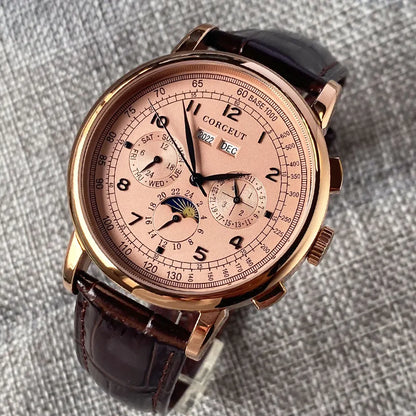Orologio automatico da uomo Multification con data, giorno, mese e anno, orologio meccanico da uomo in 316L, cassa lucidata, indicatore giorno/notte, 42mm