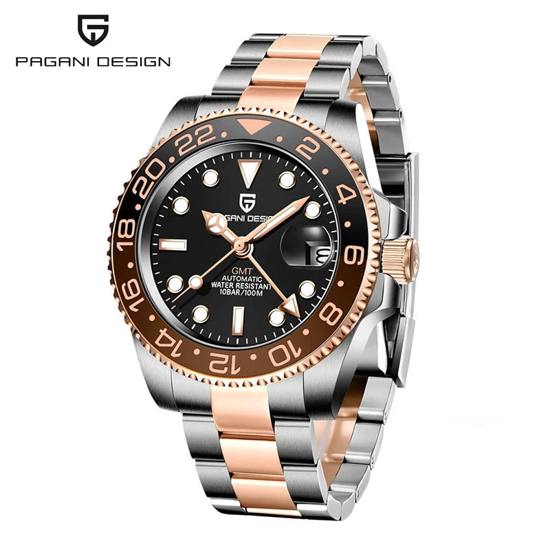 Orologio PAGANI DESIGN GMT 40MM da uomo, di lusso, con vetro zaffiro AR, movimento meccanico automatico, lunetta in ceramica, impermeabile 100M, idea regalo