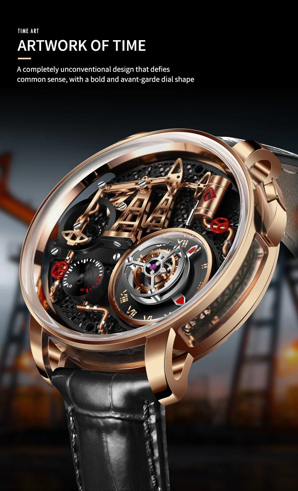 Orologio da uomo PINDU NEW TOP al quarzo con pulsante pompa olio, stile business, 45.5MM, vetro zaffiro, impermeabile, cinturino in pelle