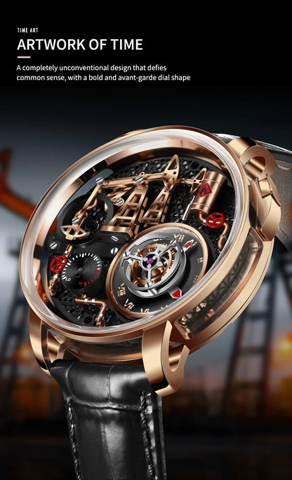 Orologio da uomo PINDU NEW TOP al quarzo con pulsante pompa olio, stile business, 45.5MM, vetro zaffiro, impermeabile, cinturino in pelle
