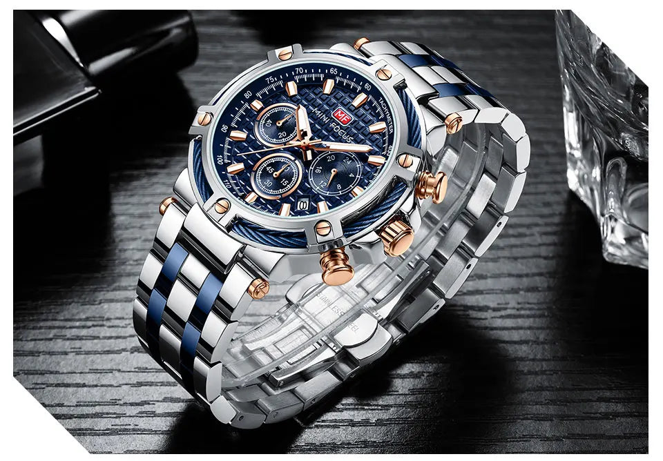 MINI FOCUS Black Stainless Steel Quartz Watch Men Fashion Luminous Dress Wristwatch with Date 24-hour Display Chronograph 0470