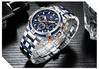 MINI FOCUS Black Stainless Steel Quartz Watch Men Fashion Luminous Dress Wristwatch with Date 24-hour Display Chronograph 0470