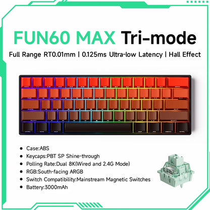 MONSGEEK FUN60 PRO&MAX HE Teclado mecânico 60% sem fios para gaming com switches magnéticos, Rapid Trigger 8K, ARGB e personalização