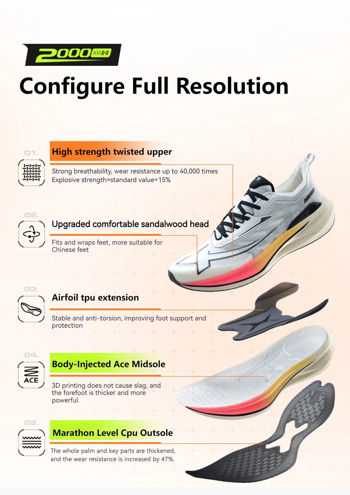 Xtep 2000KM 2.0 Running Shoes Men  Summer Professional TPU Shock Absorption Sneakers (suggest half size down) 876219110043