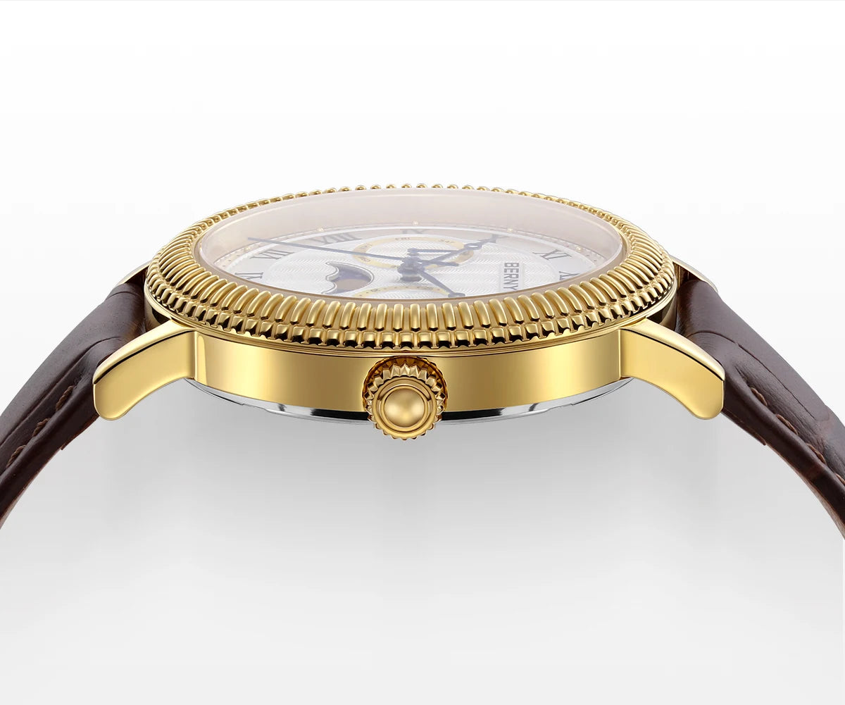 BERNY Watches for Men Luxury Dress Brand Business Gold Quartz Real Moons Man Watch S/S Sapphire Calendar Moon Phase Wristwatch