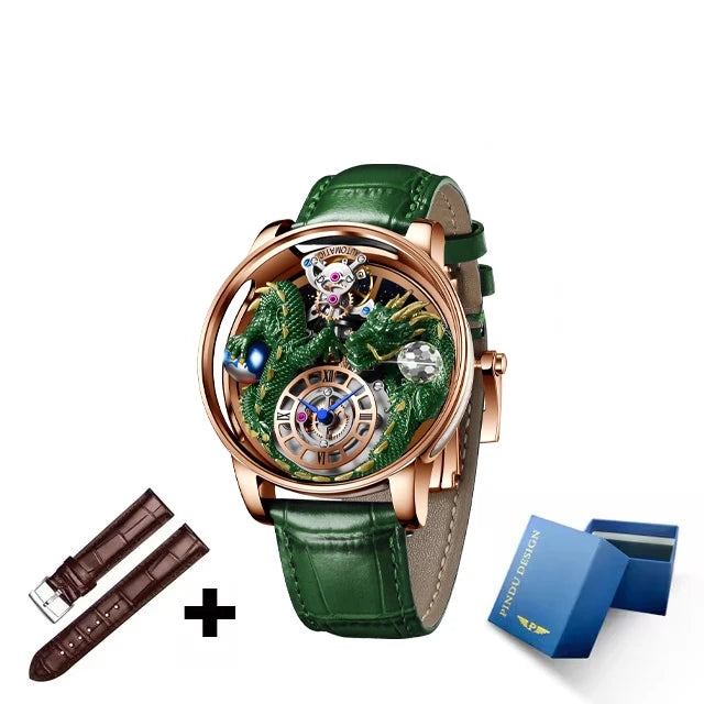 PINDU Fashion Roman Numeral Display Mineral Tempered Glass Material Quartz Movement 3ATM Waterproof Celestial Dragon Men's Watch