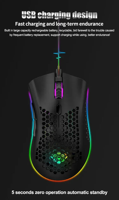 BM600 Wireless Gaming Mouse USB 2.4GHz Rechargeable RGB Wireless Mouse, Ergonomic Honeycomb Optical Mouse for PC, Laptop & Office