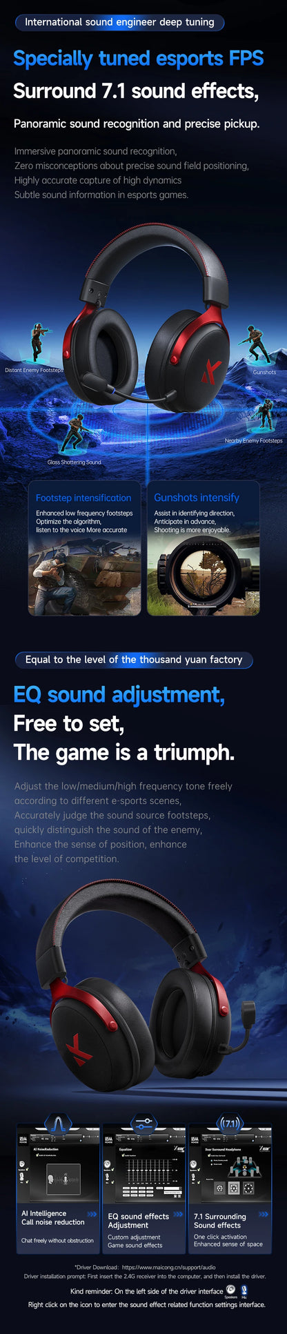 MCHOSE V9 PRO 7.1 Wireless Gaming Headset – Tri-Mode Low Latency Bluetooth 5.3 E-Sports Headphones with AI Noise Cancelling Mic for PC PS4 PS5
