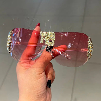 Luxury y2k Rimless Women's Sunglasses with Rhinestone Letters Brand Designer Sun Glasses for Outdoor UV400 Lunettes de soleil