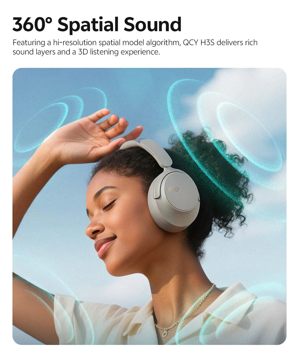 QCY H3S -56dB Adaptive ANC Over Ear Bluetooth 6.0 Headphones – Hi-Res LDAC Wireless Headset, 102H Battery, Dual Driver Spatial Sound