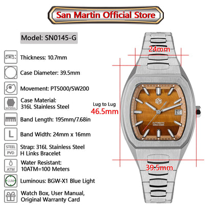 San Martin 39.5mm Tonneau Luxury Men Watch Mineral Dial Casual Sports PT5000 SW200 Automatic Mechanical Sapphire Luminous SN0145