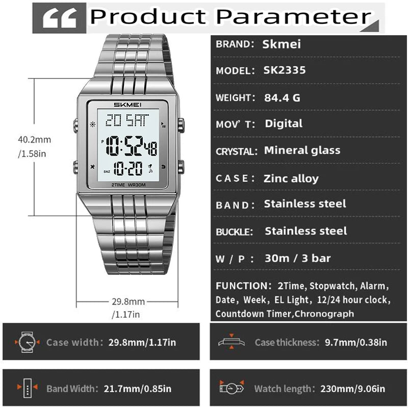 Skmei Luxury Digital Watches for Mens LED Waterproof Date Week Display Chronograph Fashion Dual Time Zones Bracelet Steel Watch