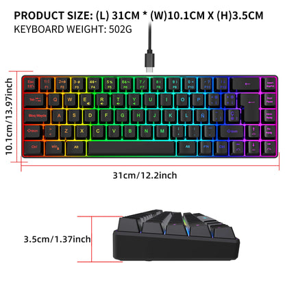 Promoção imperdível! Teclado gaming com fios espanhol de 69 teclas, retroiluminação RGB e design compacto 68%, um acessório indispensável para profissionais de escritório e gamers