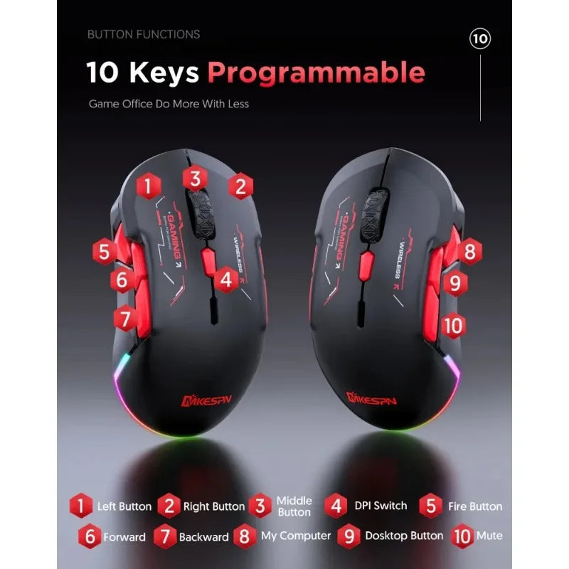Mouse gaming macro MKESPN W12 a 10 pulsanti, ambidestro, wireless Bluetooth multi-canale tri-mode, grande RGB ergonomico
