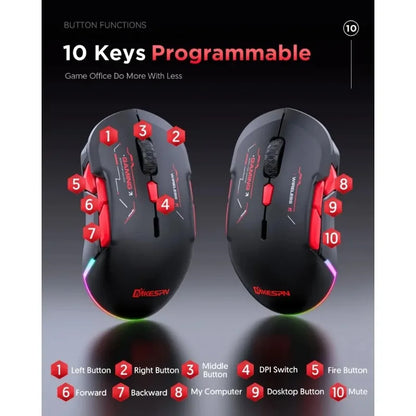 Mouse gaming macro MKESPN W12 a 10 pulsanti, ambidestro, wireless Bluetooth multi-canale tri-mode, grande RGB ergonomico