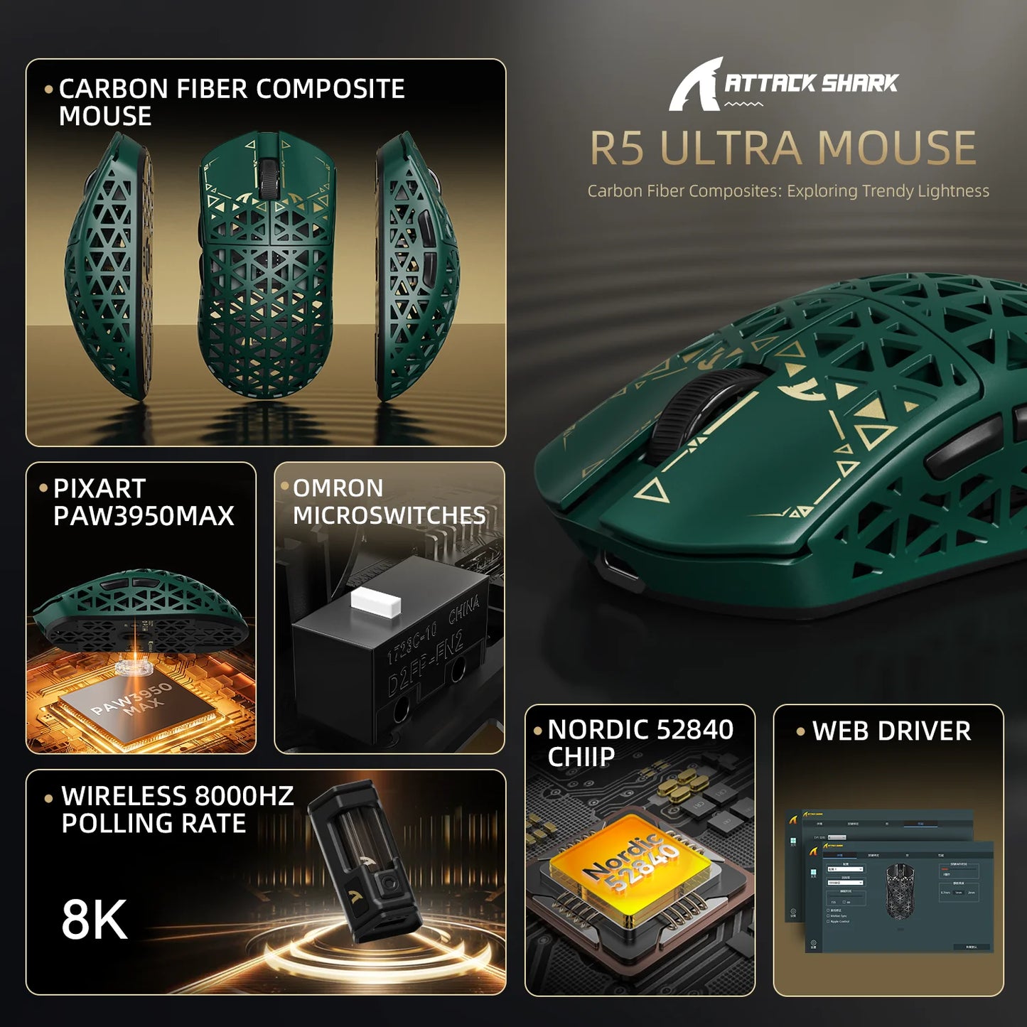 ATTACK SHARK R5 Ultra bežični gaming miš od karbonskih vlakana, gaming senzor PixArt PAW3950MAX, 42000DPI, 8000Hz, MCU Nordic 52840