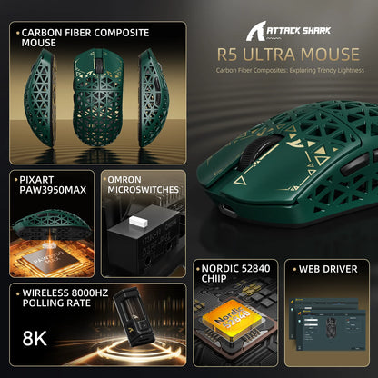 ATTACK SHARK R5 Ultra bežični gaming miš od karbonskih vlakana, gaming senzor PixArt PAW3950MAX, 42000DPI, 8000Hz, MCU Nordic 52840