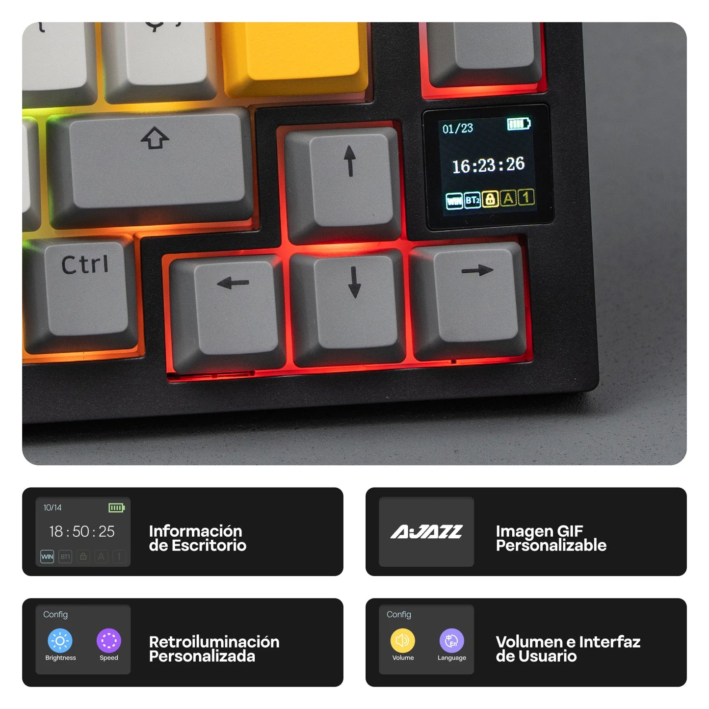 Teclado mecânico ISO-ES EPOMAKER X AJAZZ AK820 PRO 75% com layout espanhol, com fios/2.4GHz/BT, ecrã e botão rotativo para PC/Mac
