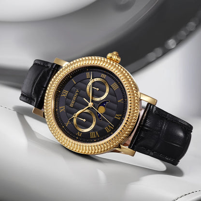 BERNY Watches for Men Luxury Dress Brand Business Gold Quartz Real Moons Man Watch S/S Sapphire Calendar Moon Phase Wristwatch
