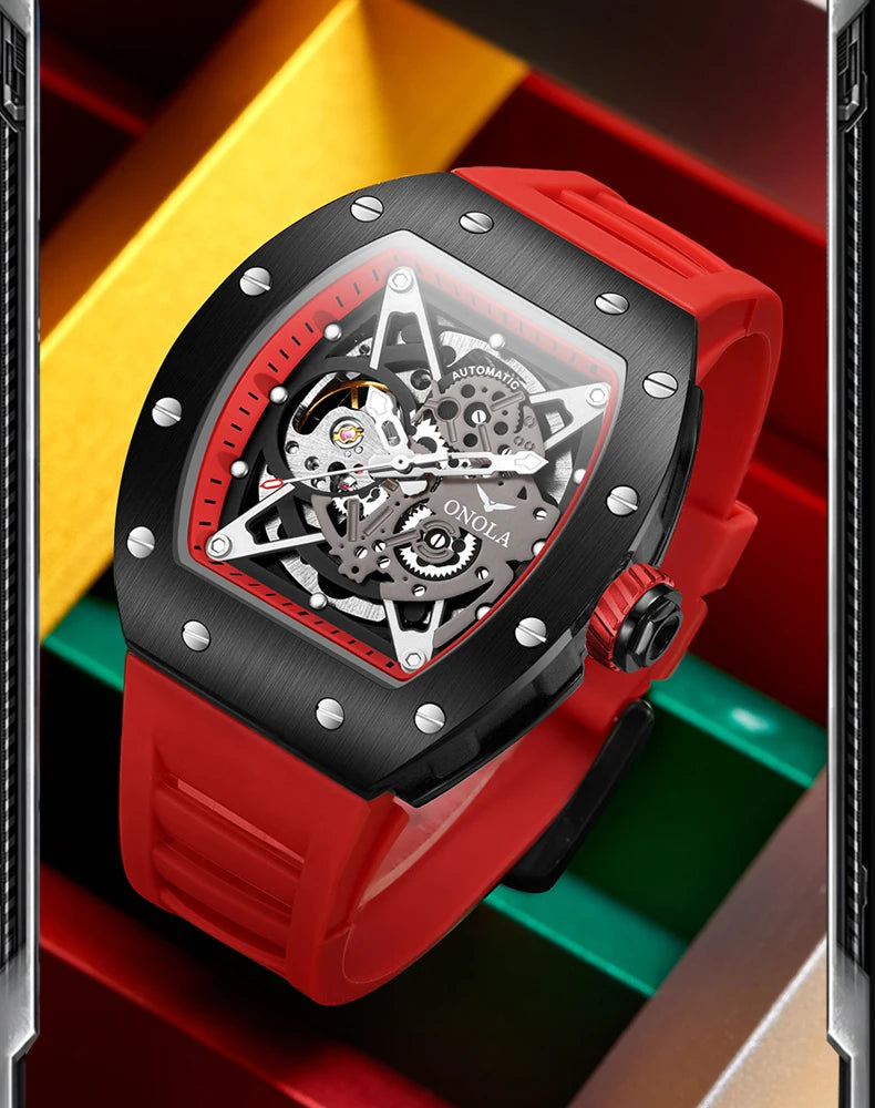 ONOLA Luxury Automatic Watch Men Fashion Hollow Silicone Waterproof Mechanical Watch Men Military Sports Watch Clock
