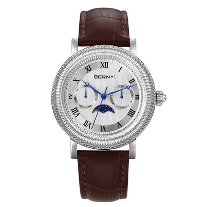 BERNY Watches for Men Luxury Dress Brand Business Gold Quartz Real Moons Man Watch S/S Sapphire Calendar Moon Phase Wristwatch