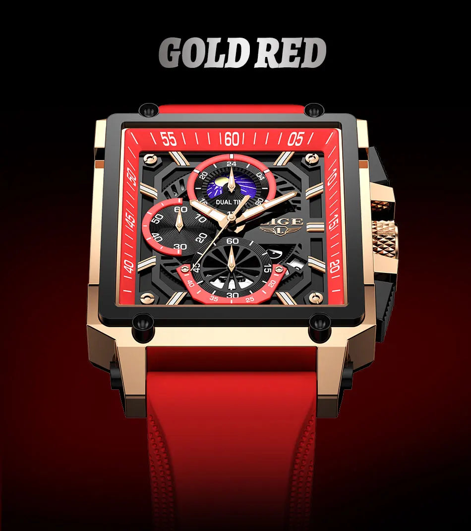 New LIGE Mens Watches Top Brand Luxury Hollow Square Sport Watch For Men Fashion Silicone Strap Waterproof Quartz WristWatch+Box